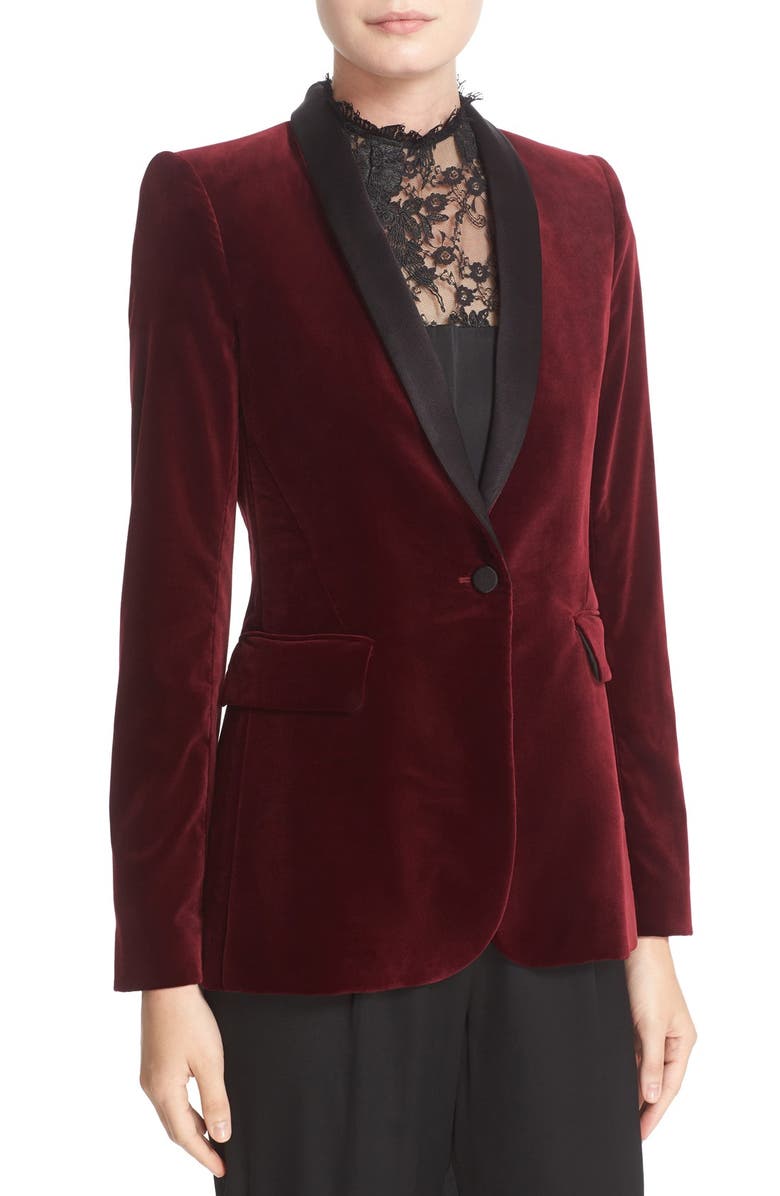 Alice + Olivia 'Macey' Satin Lapel Velvet One-Button Blazer, Alternate, color,