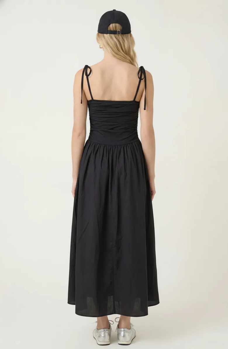 Modenaire Ruched Bodice Tie Strap Gathered Skirt Midi Dress, Alternate, color, Black