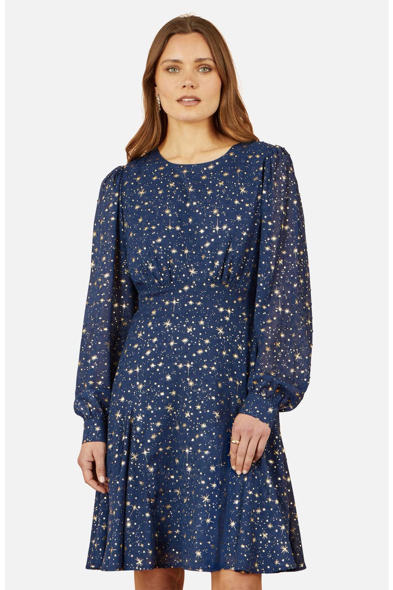 Star Print Foil Long Sleeve Dress, Alternate, color, Navy