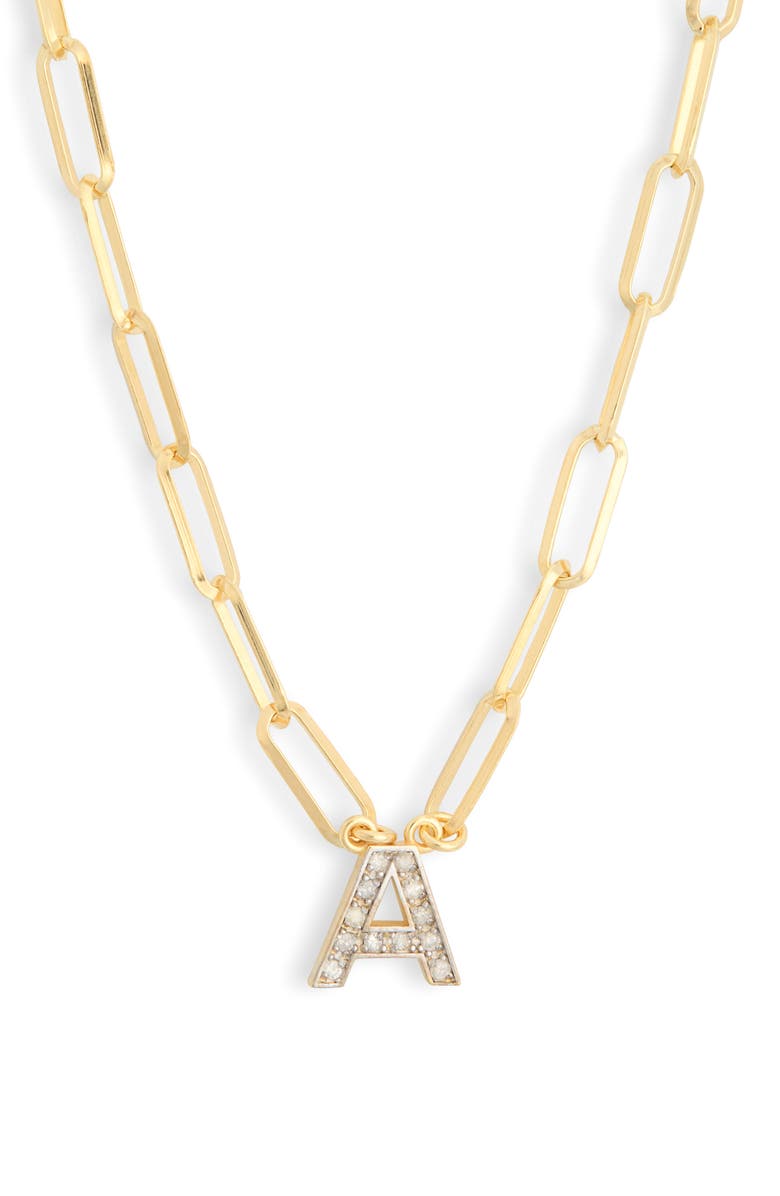 MESHMERISE Diamond Initial Charm Paper Clip Chain Necklace, Main, color, Yellow-A