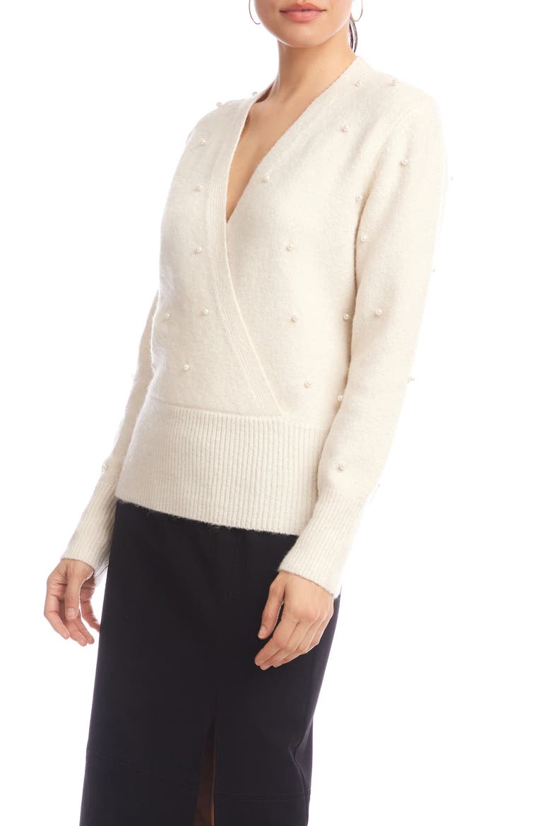 Faux Pearl Embellished Wrap Sweater, Alternate, color, CREAM