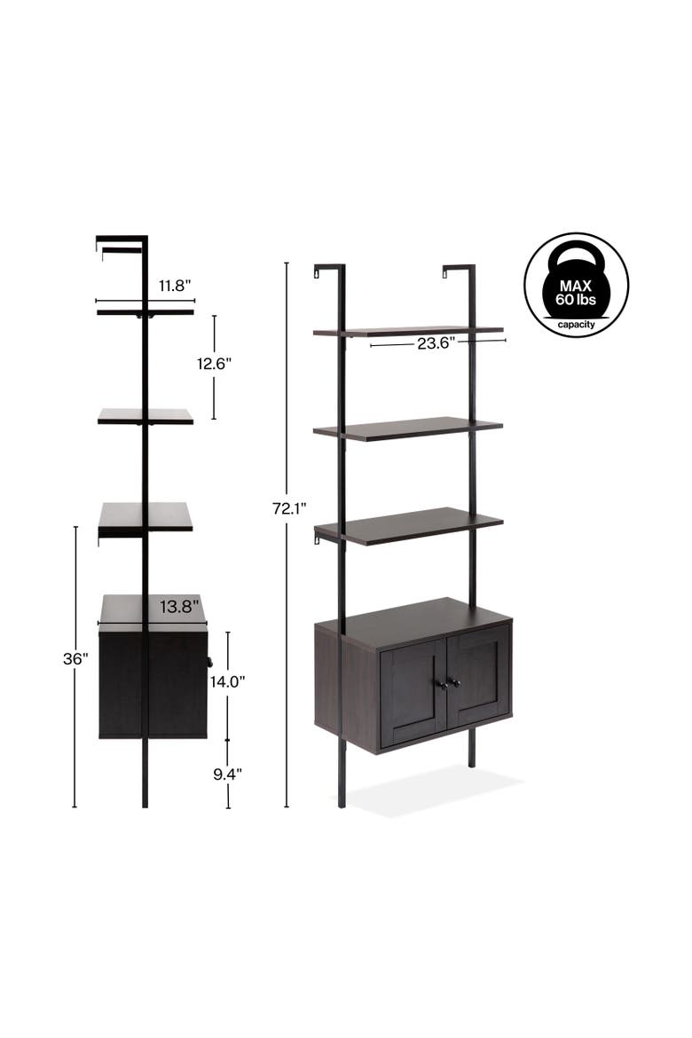 Tulare MidCentury Industrial 4-Shelf Wood Wall-Mounted Open Ladder Bookcase with Cabinet and Metal Frame, Alternate, color, Black