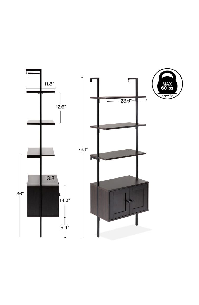 HAPPIMESS Tulare 72.05" MidCentury Industrial 4-Shelf Wood Wall-Mounted Open Ladder Bookcase with Cabinet and Metal Frame, Alternate, color, Black