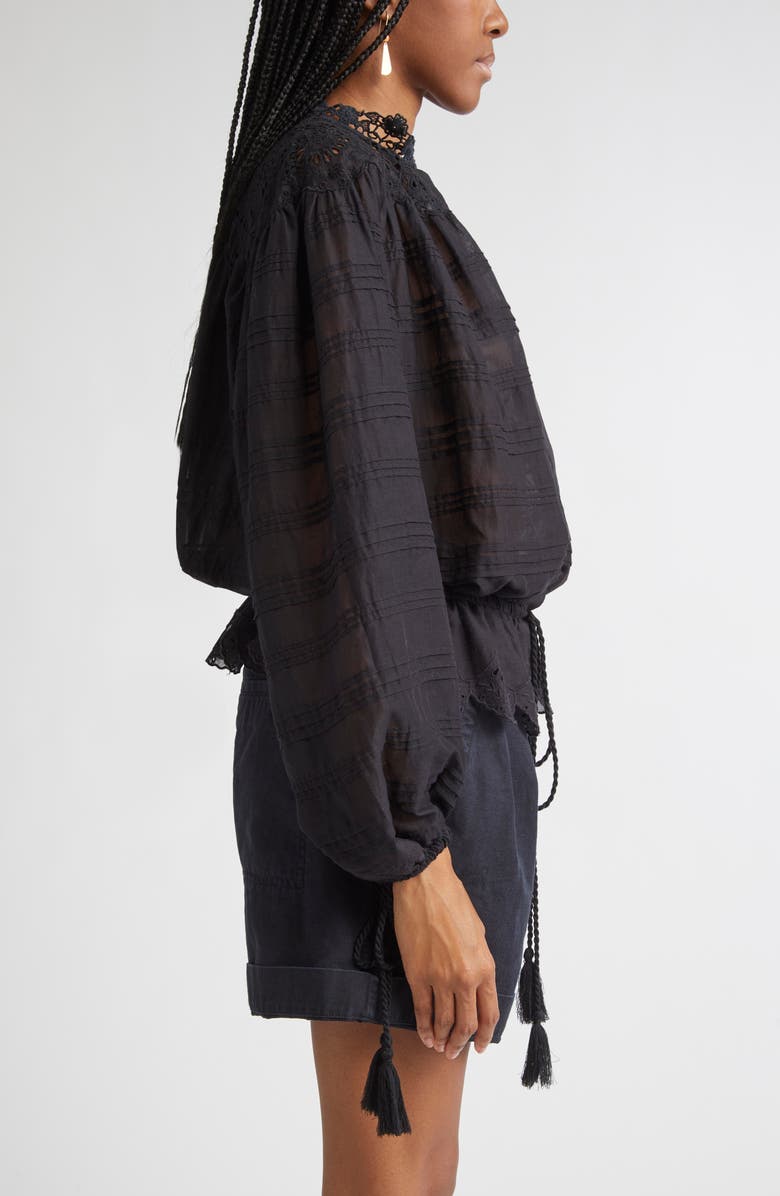 Isabel Marant Étoile Polly Lace & Eyelet Trim Cotton Pintuck Top, Alternate, color, Black