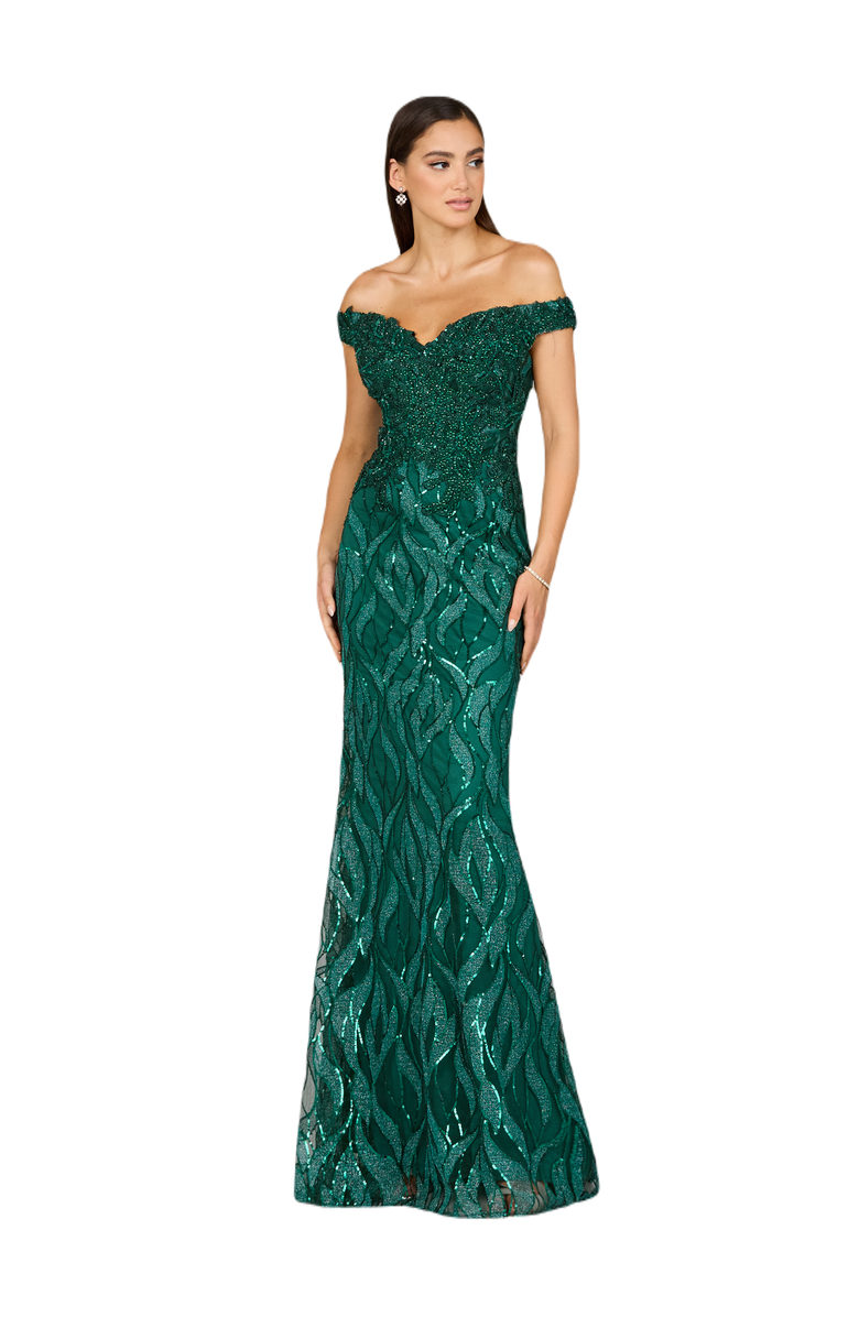 LARA New York Off Shoulder, Mermaid Lace Gown, Main, color, Green