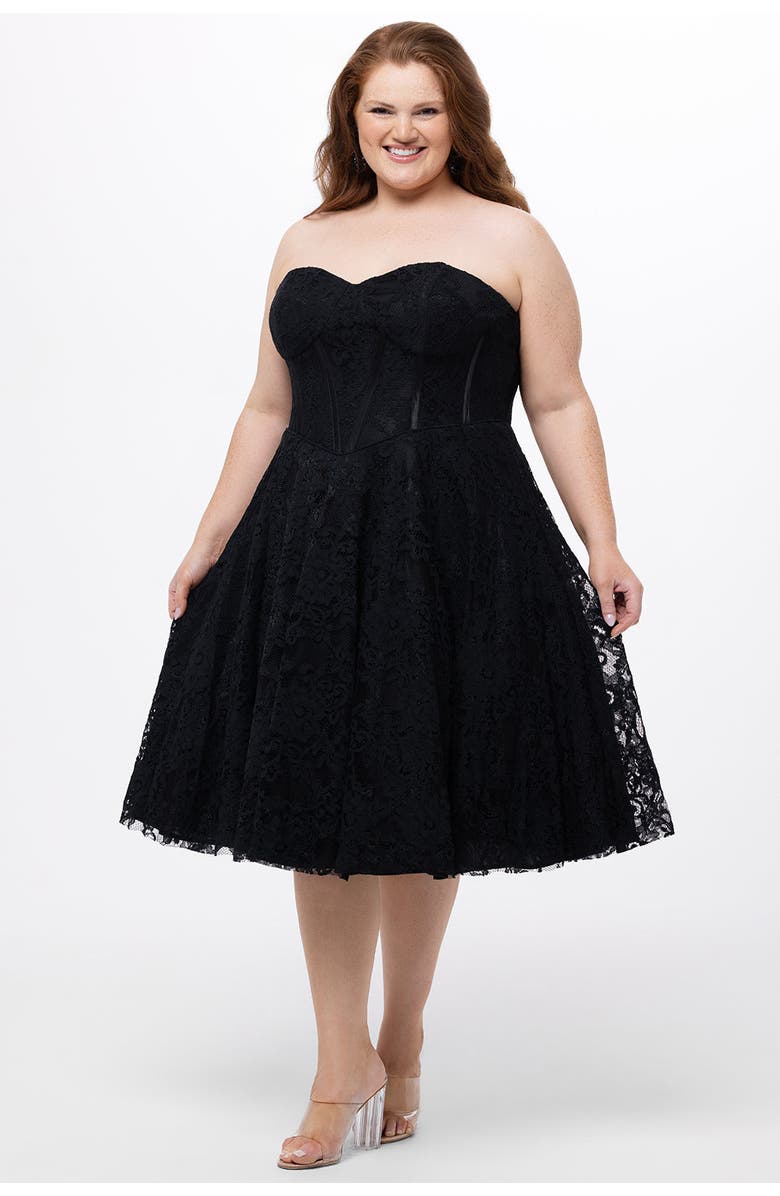 Celebrations by Sydney's Closet Sweetheart Strapless Lace Bustier Plus Size Party Dress, Main, color, Black