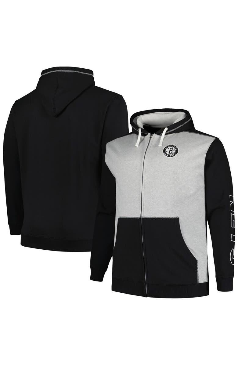 FANATICS Men's Fanatics Branded Black/Heather Gray Brooklyn Nets Big & Tall Contrast Pieced Stitched Full-Zip Hoodie, Main, color, Black