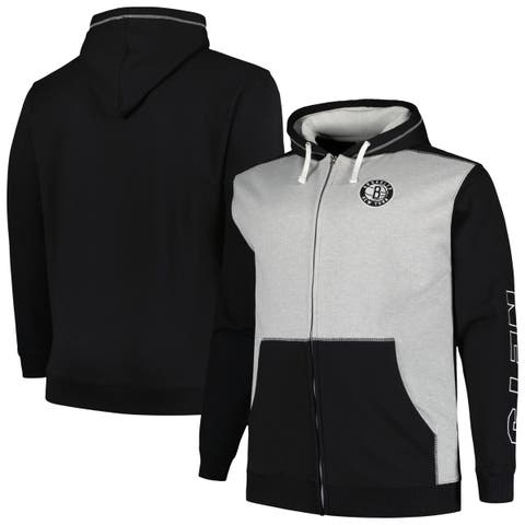 Men's Fanatics Branded Black/Heather Gray Brooklyn Nets Big & Tall Contrast Pieced Stitched Full-Zip Hoodie