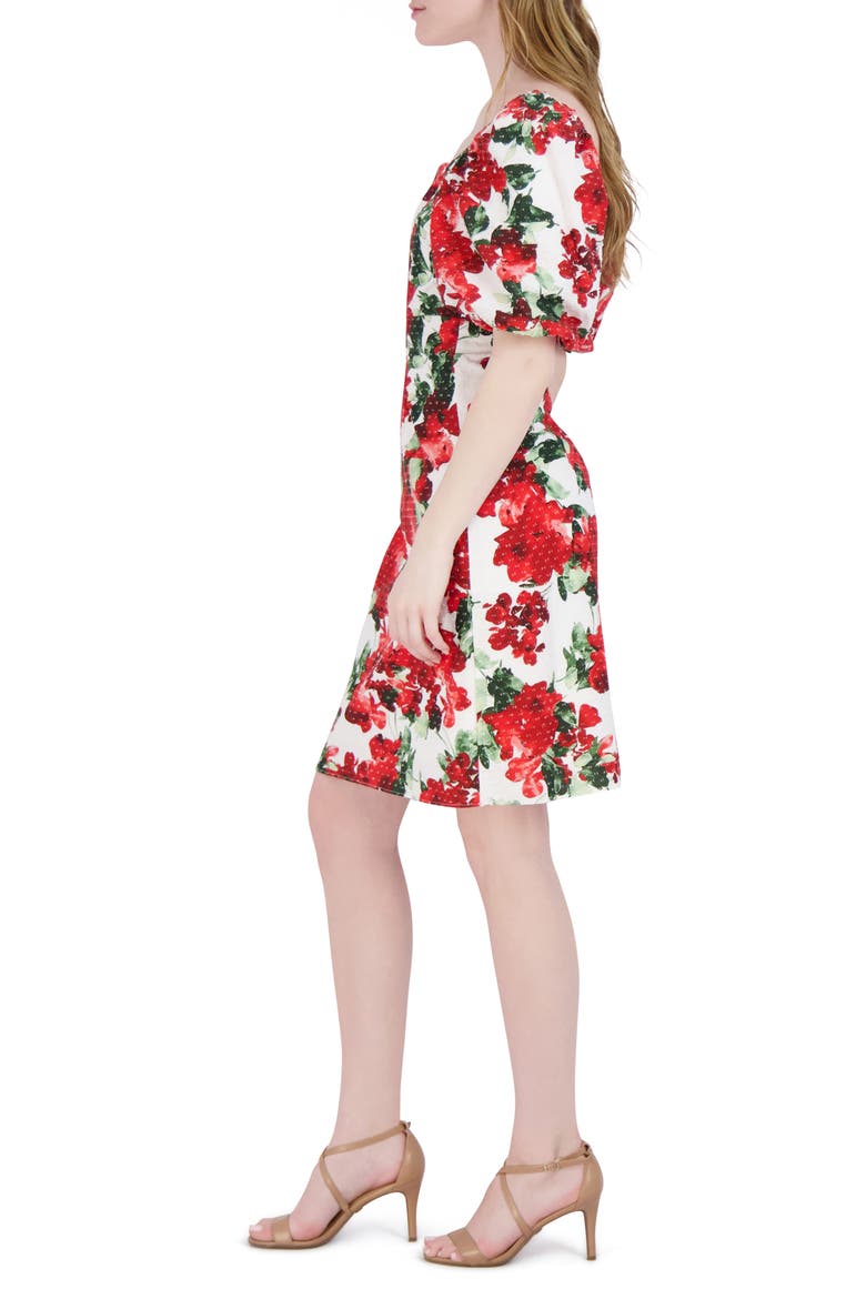 Floral Puff Sleeve Fit & Flare Dress, Alternate, color, IVORY/RED