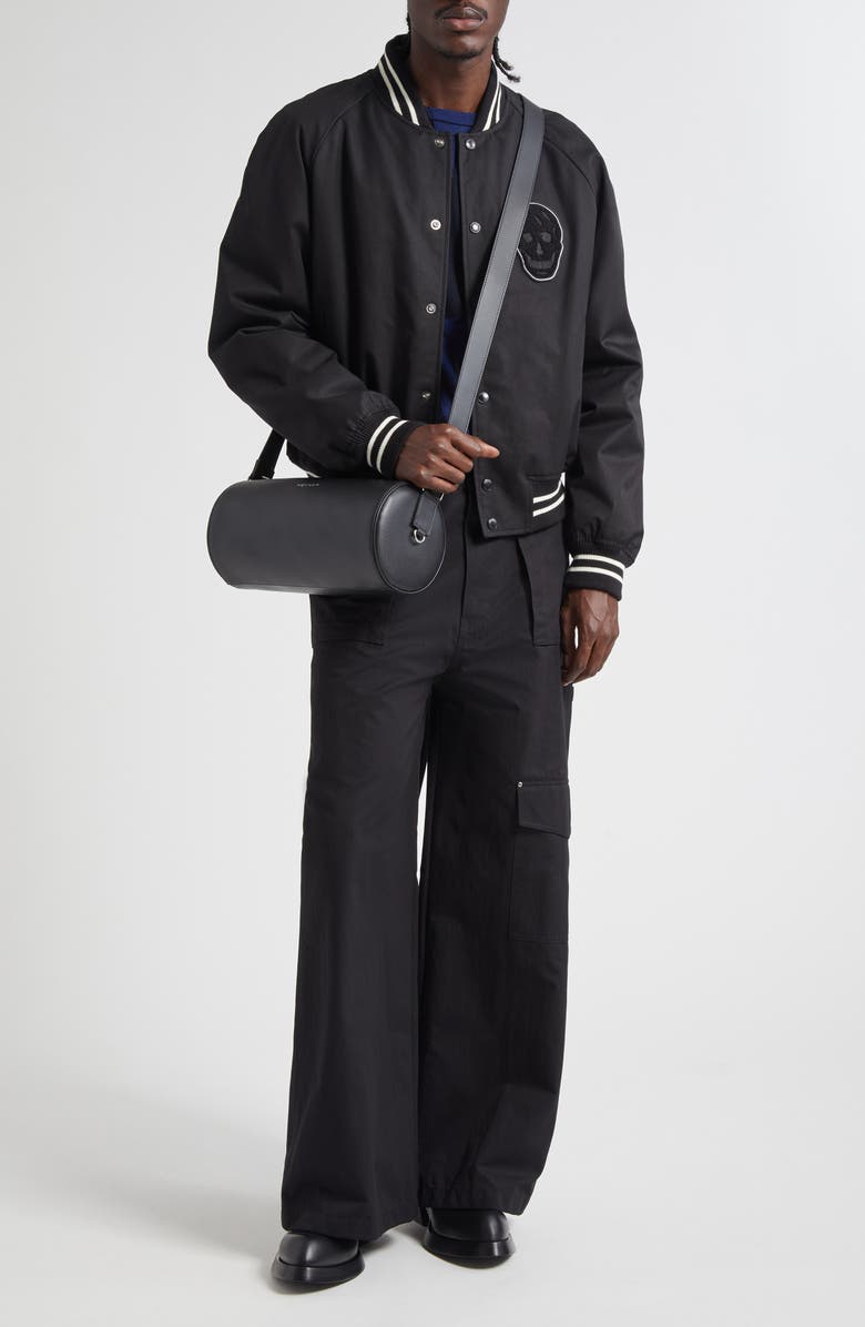 McQueen Skull Patch Varsity Bomber Jacket, Alternate, color, Black