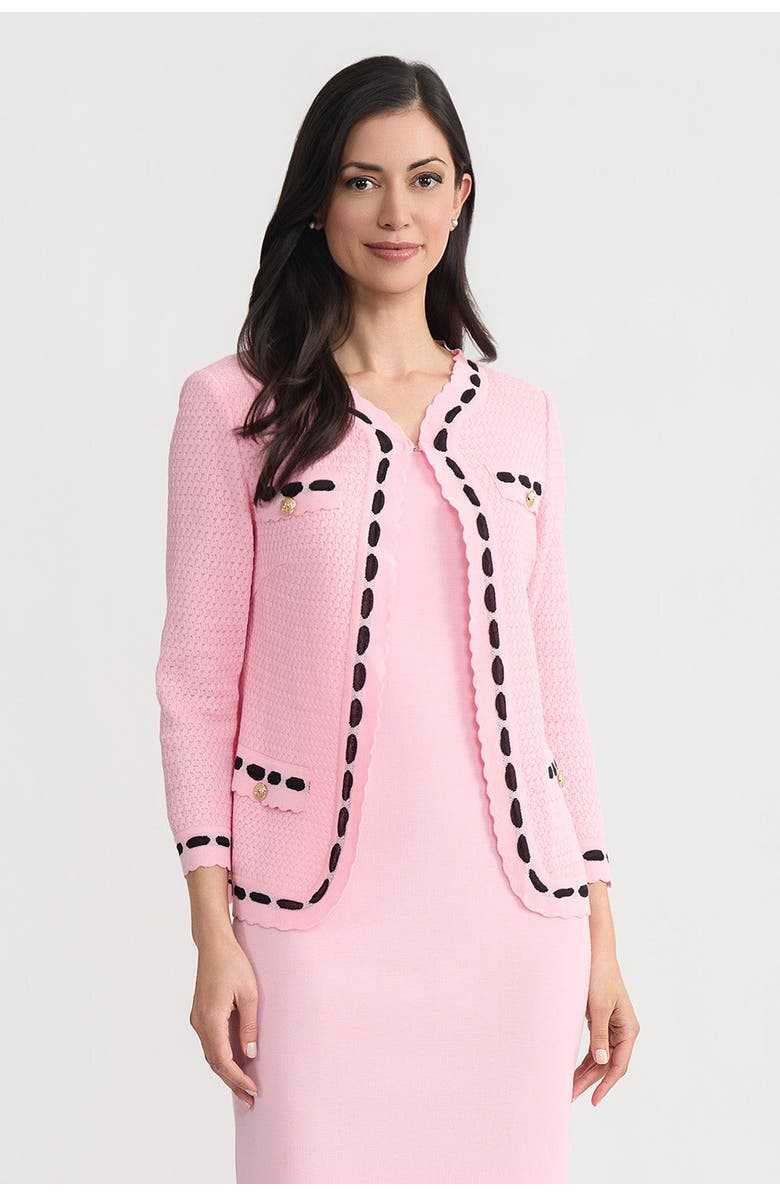 Ming Wang Heritage Faux Ribbon Trim Knit Jacket, Main, color, Perfect Pink/Black