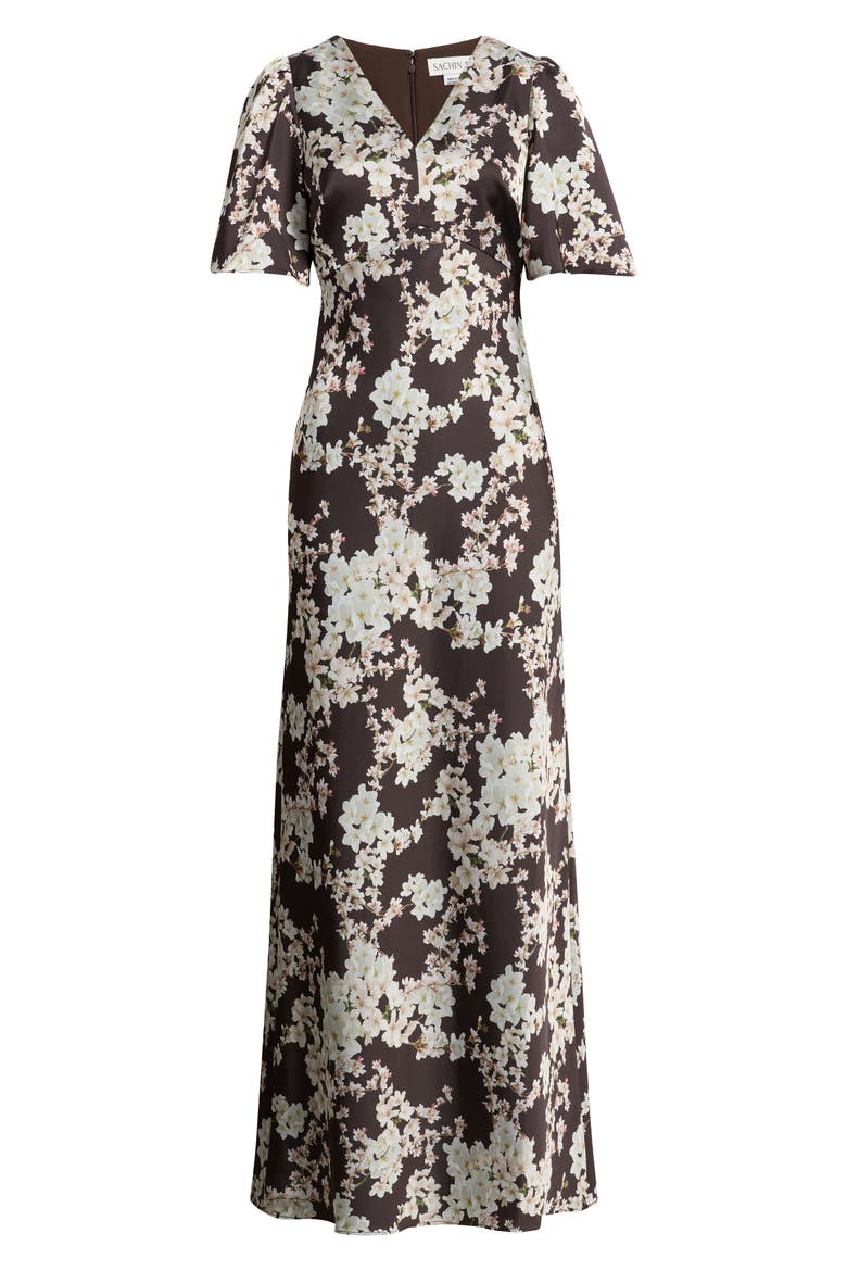 Mae Floral Print Puff Sleeve Gown, Main, color, CHOCOLATE COVERED BLOSSOMS