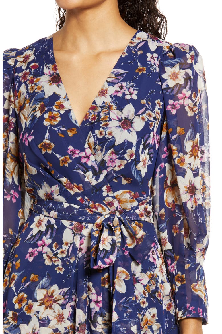 Floral Print High-Low Faux Wrap Dress, Alternate, color, NAVY