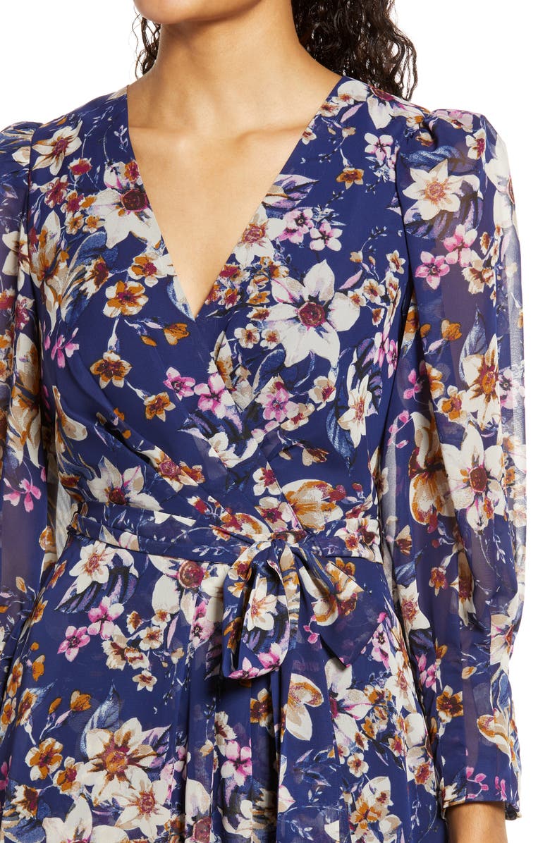 Eliza J Floral Print High-Low Faux Wrap Dress, Alternate, color, 