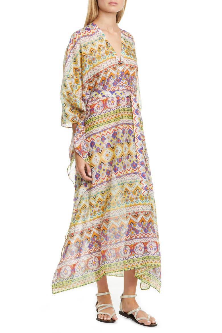 Geo Print Cotton & Silk Caftan Dress, Main, color, BEIGE