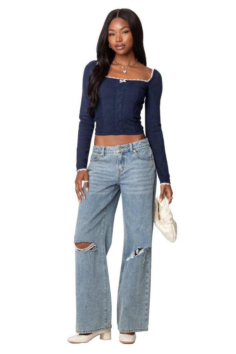 Ansley Cotton Stitch Square Neck Top, Alternate, color, NAVY