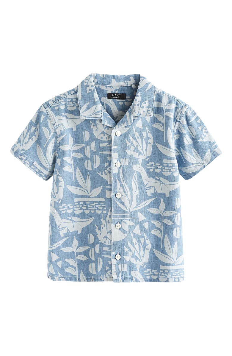 NEXT Kids' Dinosaur Print Short Sleeve Cotton Camp Shirt, Main, color,