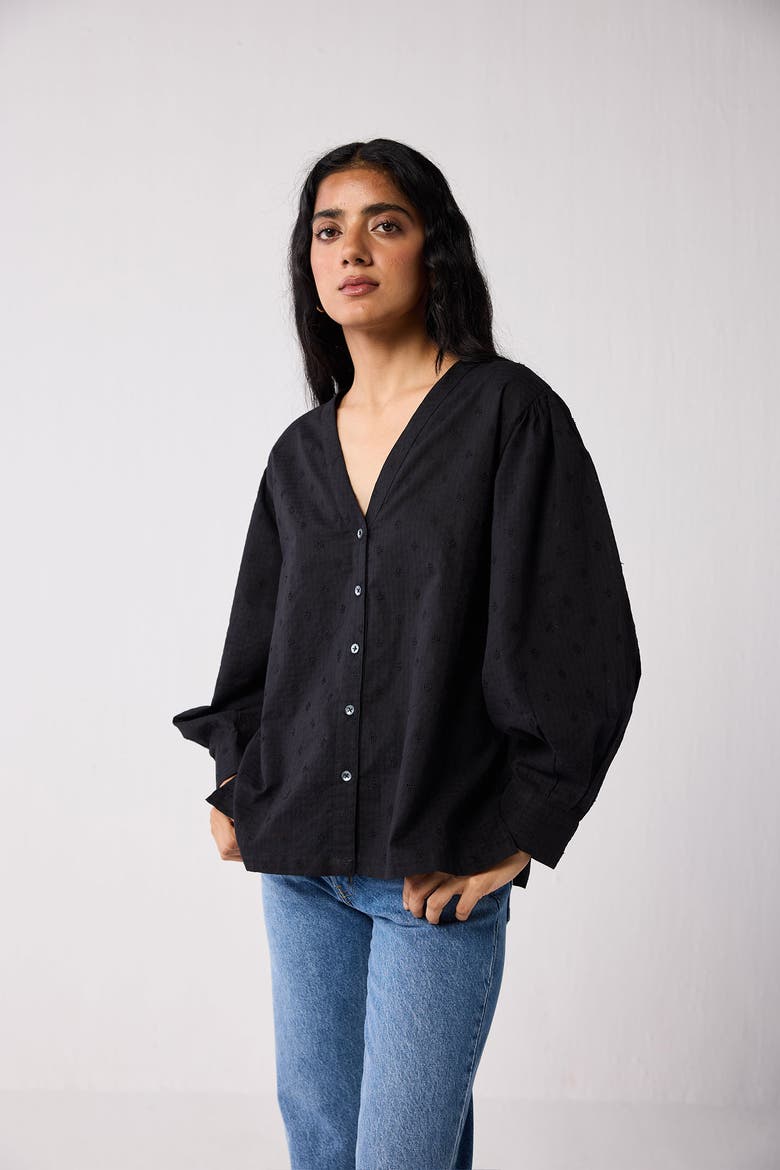Embroidered Shirt with Long Balloon Sleeves, Alternate, color, Black