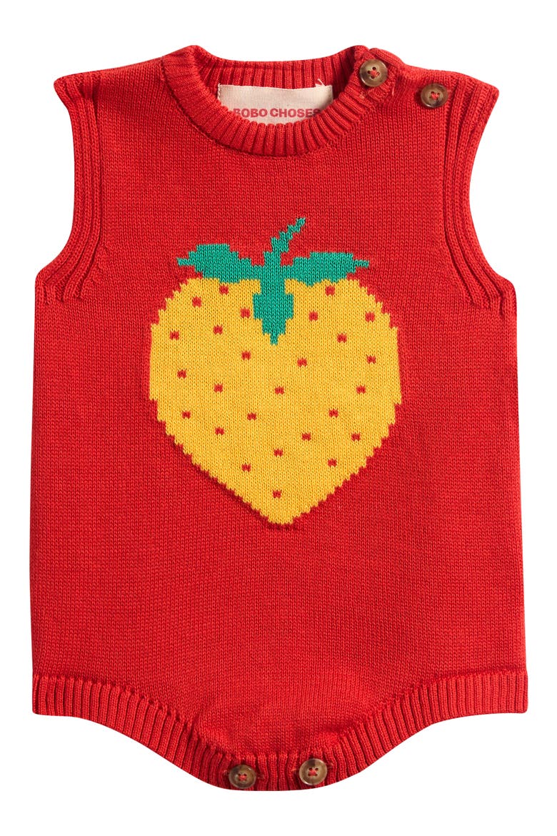 Pixel Strawberry Organic Cotton Knit Bodysuit, Main, color, RED