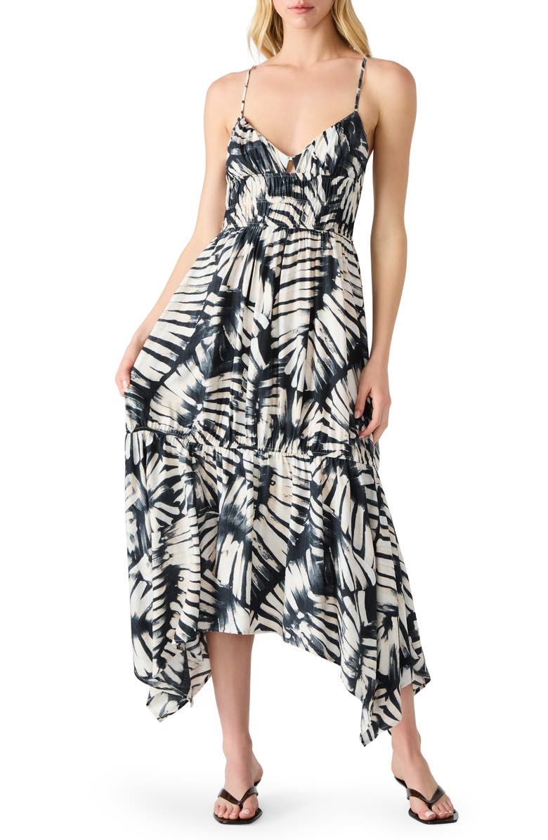 Steve Madden Jackie Printed Asymmetric Midi Dress, Main, color, Black/ White