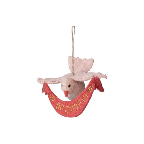 Handmade Wool Felt Dove Ornament with Metallic Gold Thread Embroidery and Banner "Be Joyful", Pink and White