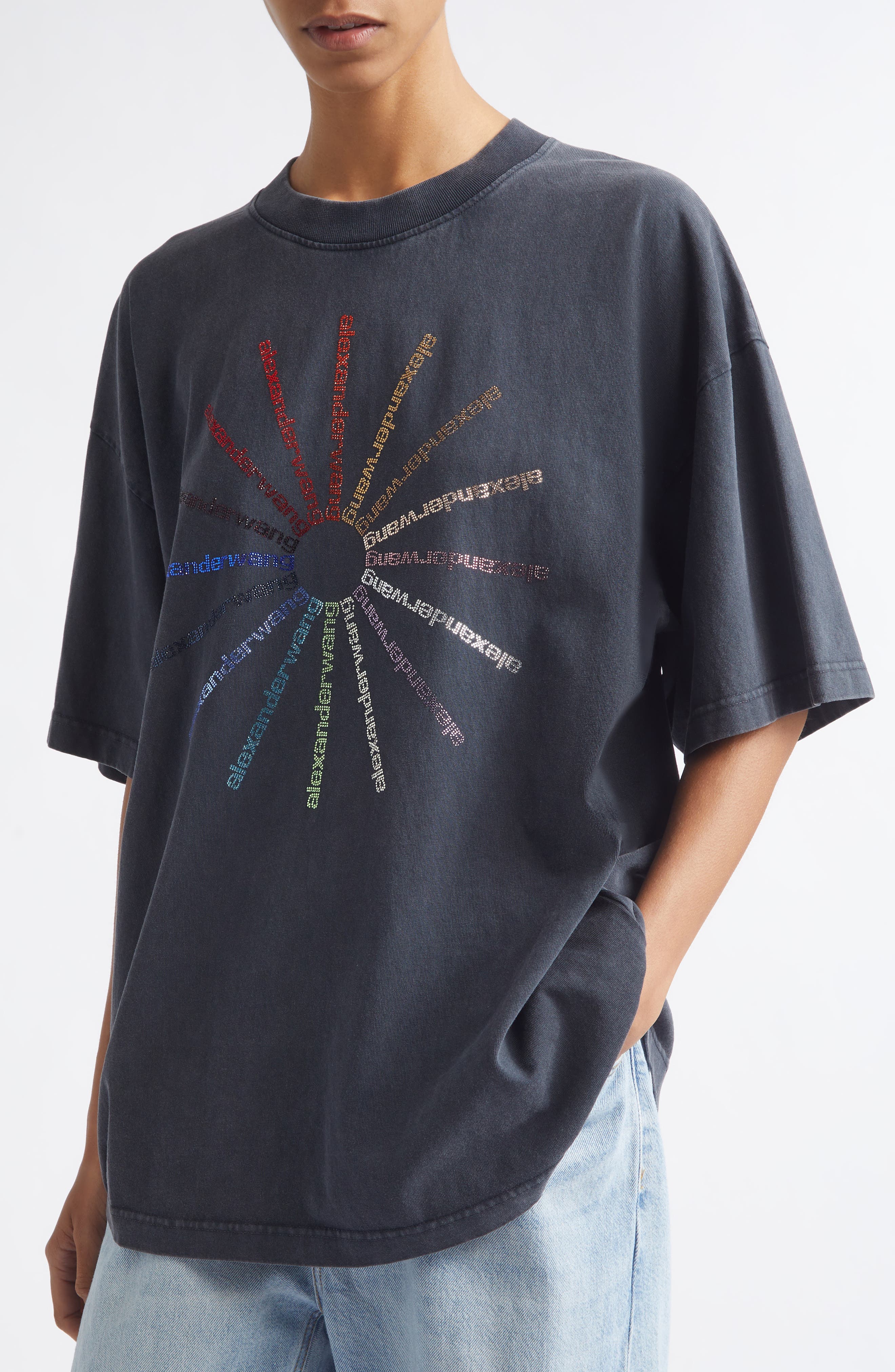 Alexander Wang Oversize Crystal Hotfix Logo T-Shirt (Women