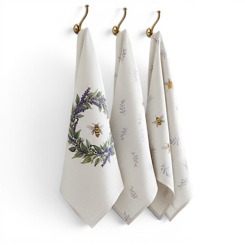 Butterfly & Bee Linen Kitchen Towel Set In Lavender
