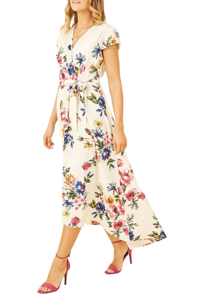 Floral Print Dip Hem Wrap Dress, Alternate, color, Ivory