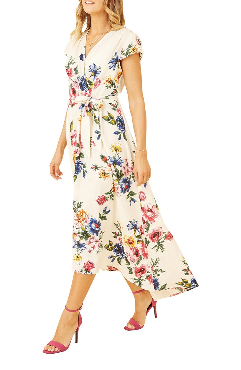 Yumi Floral Print Dip Hem Wrap Dress, Alternate, color, Ivory
