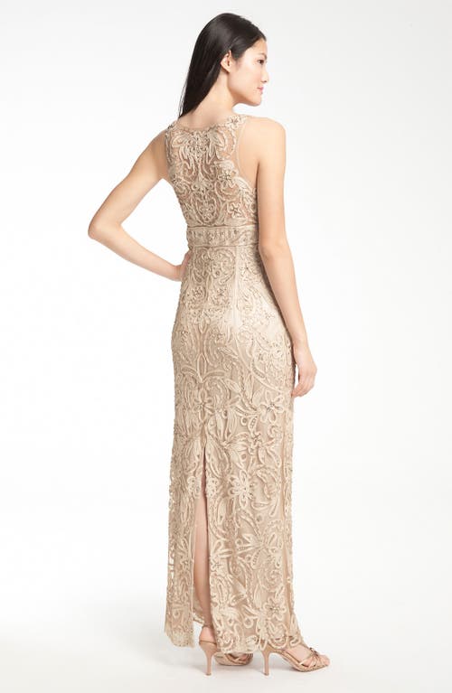 SUE WONG SUE WONG V-NECK EMBROIDERY & BEAD OVERLAY GOWN 