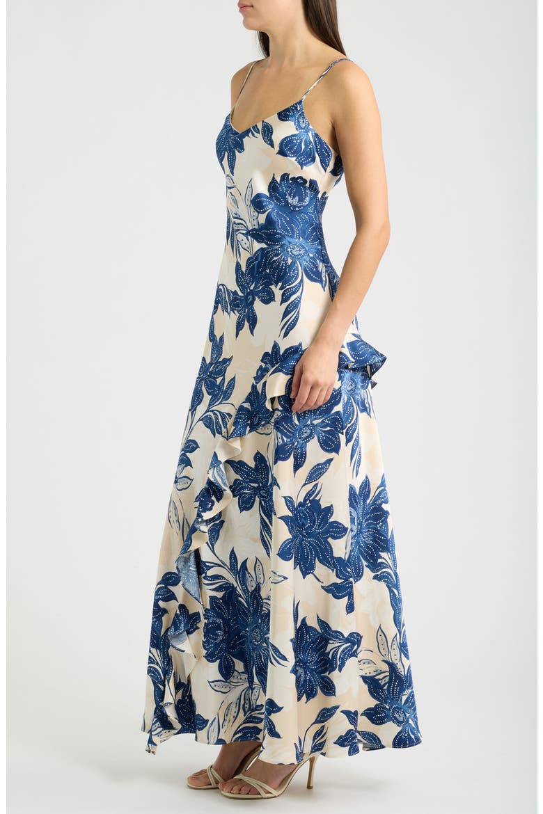 Floral V-Neck Ruffle Maxi Slipdress, Alternate, color, COASTAL FJORD