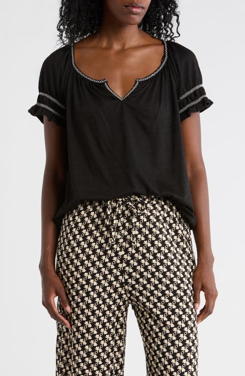 Topstitched Puff Sleeve Crepe Top