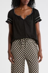 MAX STUDIO Topstitched Puff Sleeve Crepe Top