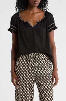 MAX STUDIO Topstitched Puff Sleeve Crepe Top