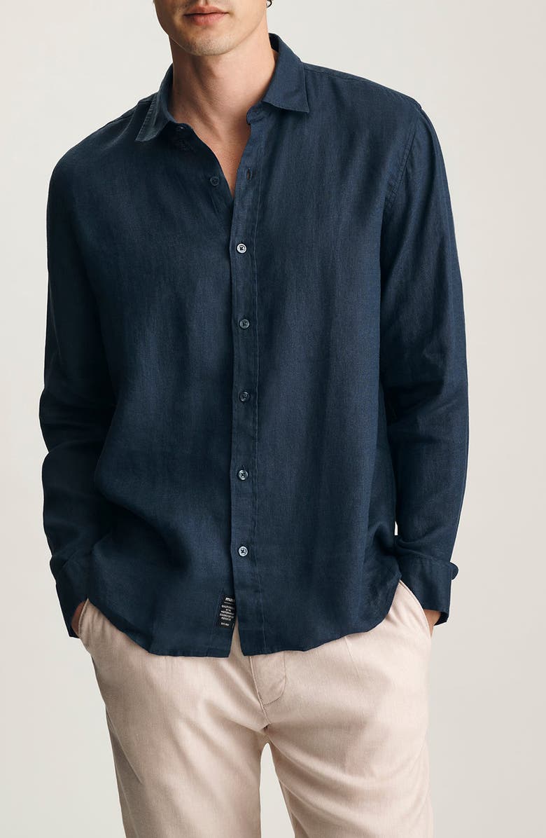 Mavi Jeans Regular Fit Linen Button-Up Shirt, Main, color, Black Iris