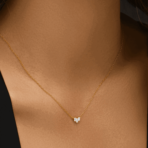 Hollywood Sensation Starling Dainty Necklace With Three Emerald Cut Cubic Zirconia Stones In Gold
