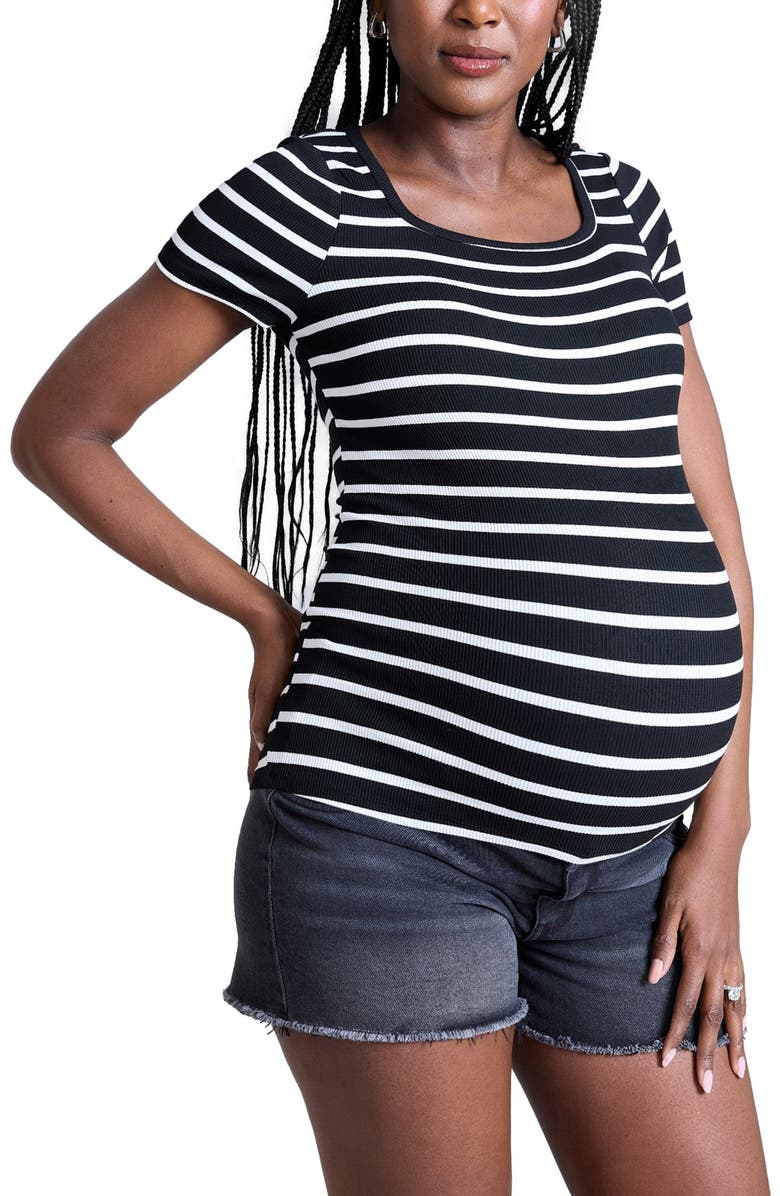 MOTHERHOOD MATERNITY Square Neck Rib Knit Short Sleeve Top, Alternate, color, Black 
White Stripe