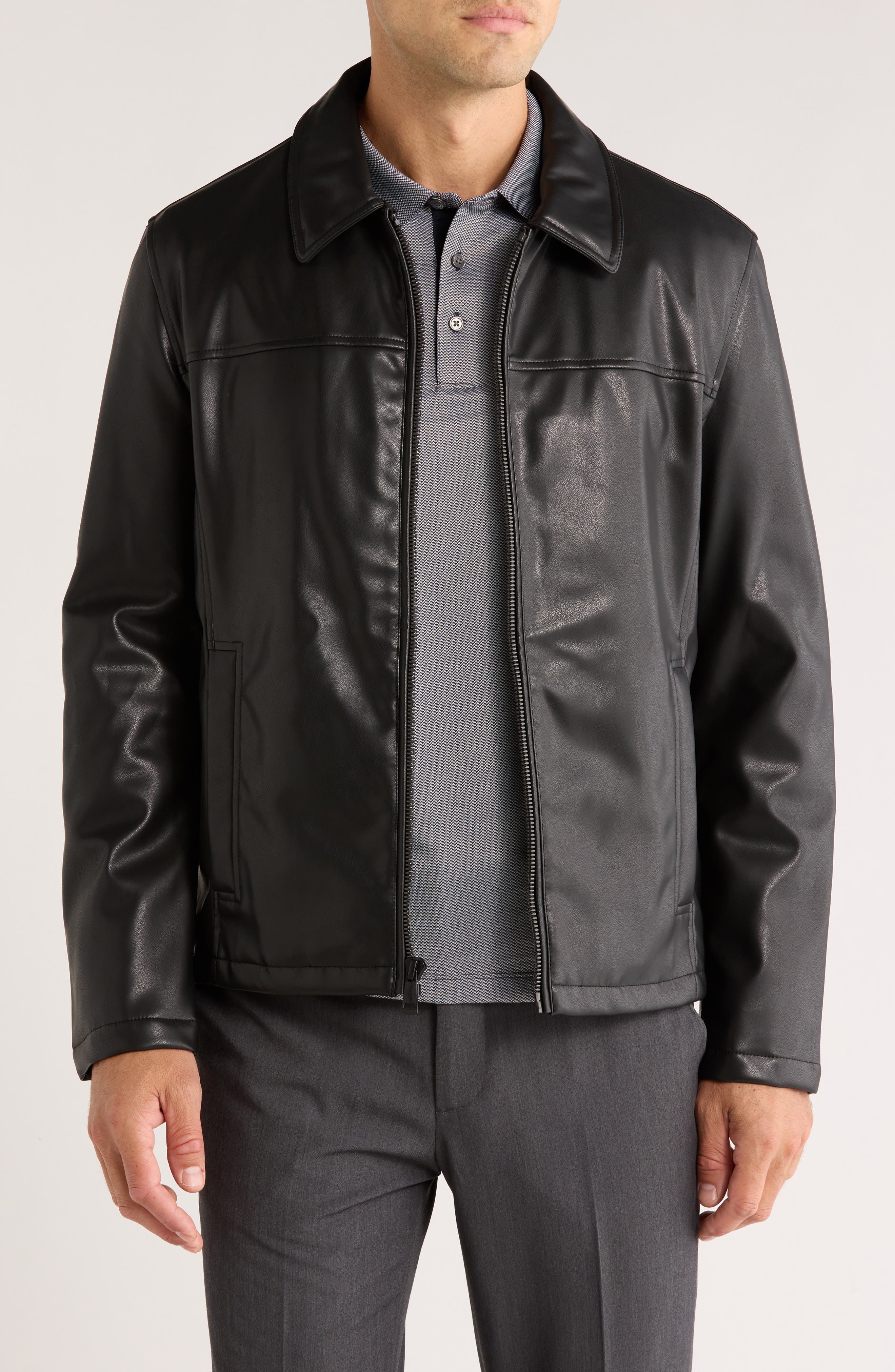 Cole Haan Collared Open Bottom Faux Leather Jacket (Men
