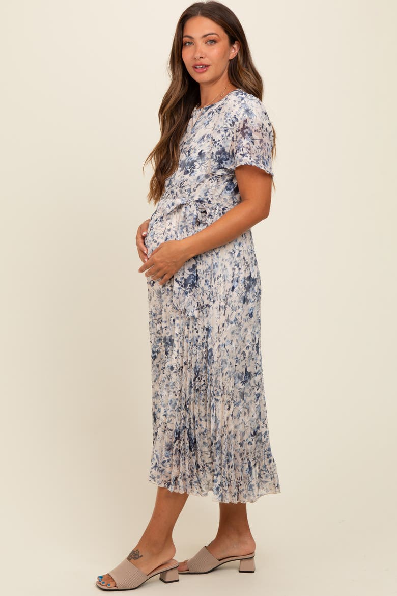 Floral Pleated Midi Dress, Alternate, color, Cream