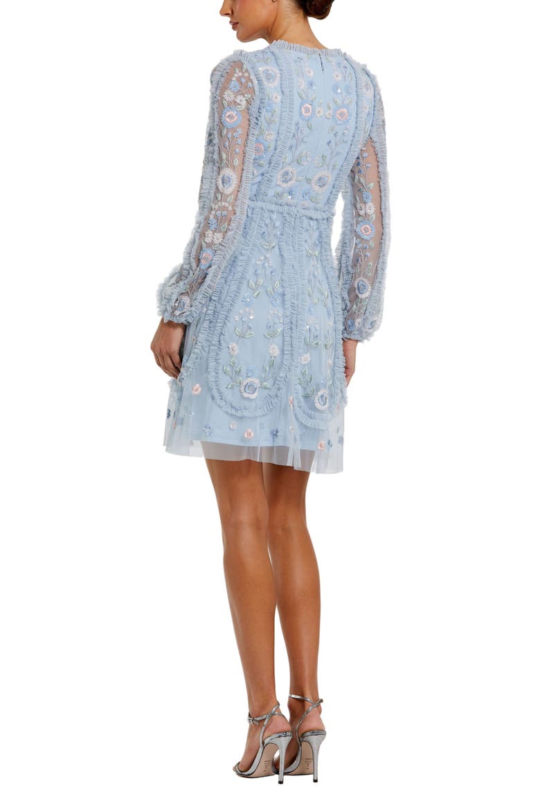 Floral Mesh Long Sleeve Micro Ruffle Mini Dress, Alternate, color, Powder Blue