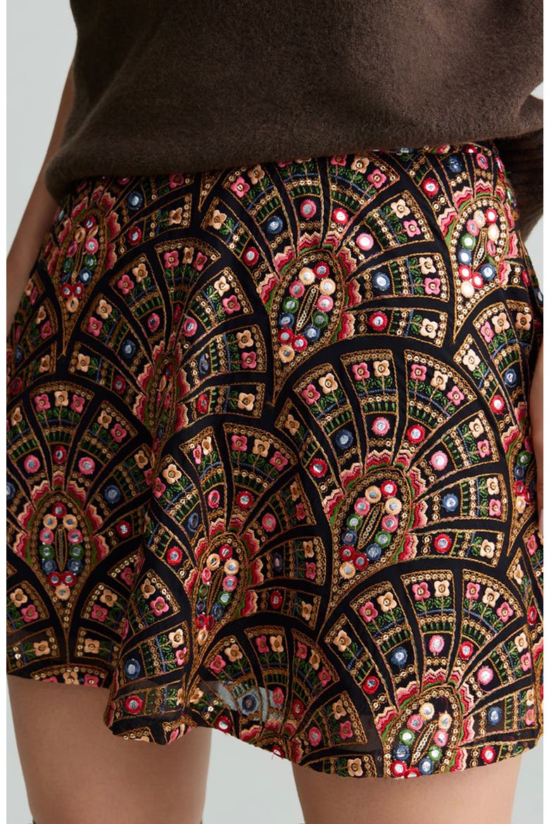 Riley Embroidered Foil Miniskirt, Alternate, color, BLACK