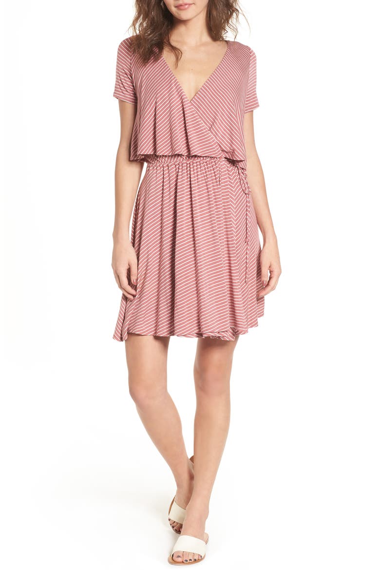 Stripe Flutter Bodice Dress, Main, color, MAUVE/ IVORY STRIPE