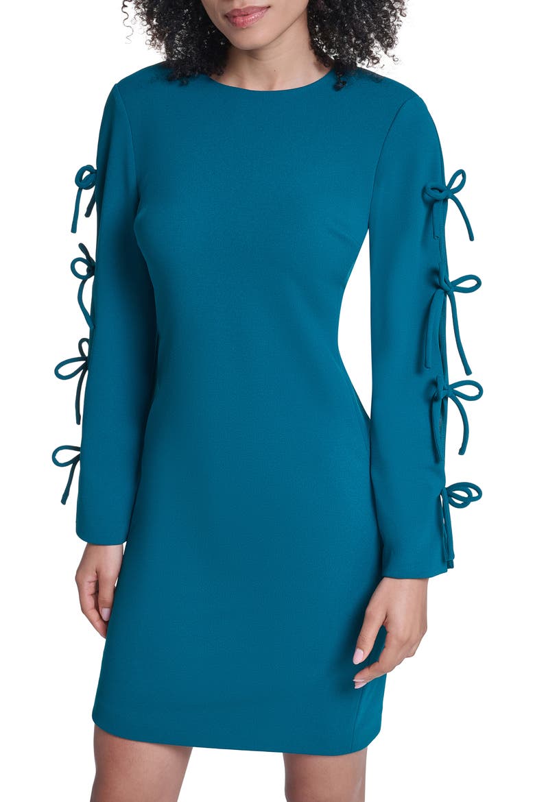 Bow Detail Long Sleeve Scuba Crepe Minidress, Alternate, color, GLASS TEAL