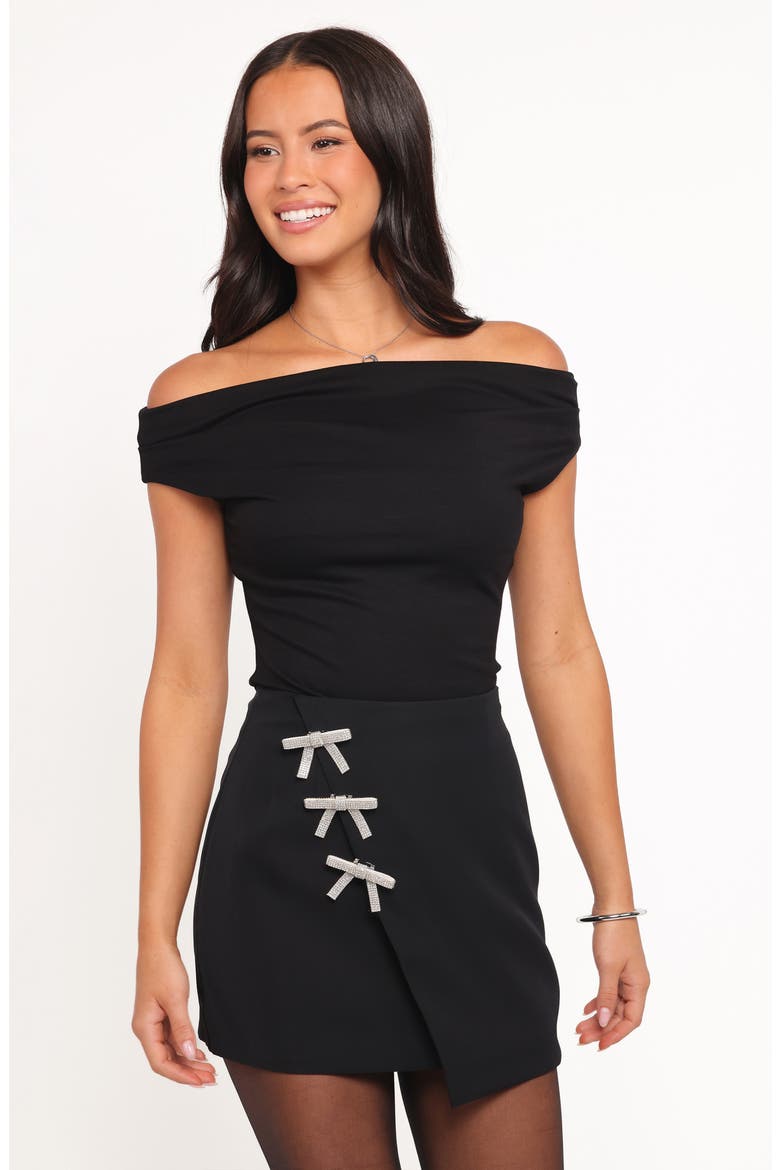 Tyra Embellished Bow Wrap Miniskirt, Alternate, color, BLACK