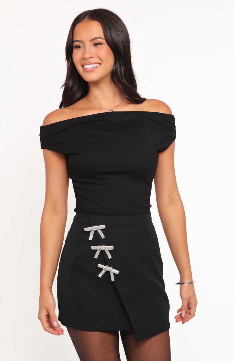 Petal & Pup Tyra Embellished Bow Wrap Miniskirt, Alternate, color, Black