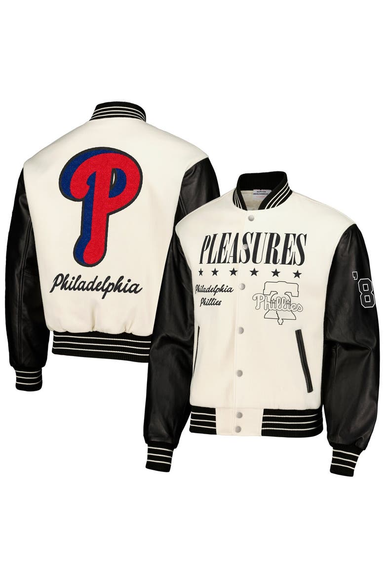 Men's PLEASURES White Philadelphia Phillies Full-Snap Varsity Jacket, Alternate, color, White
