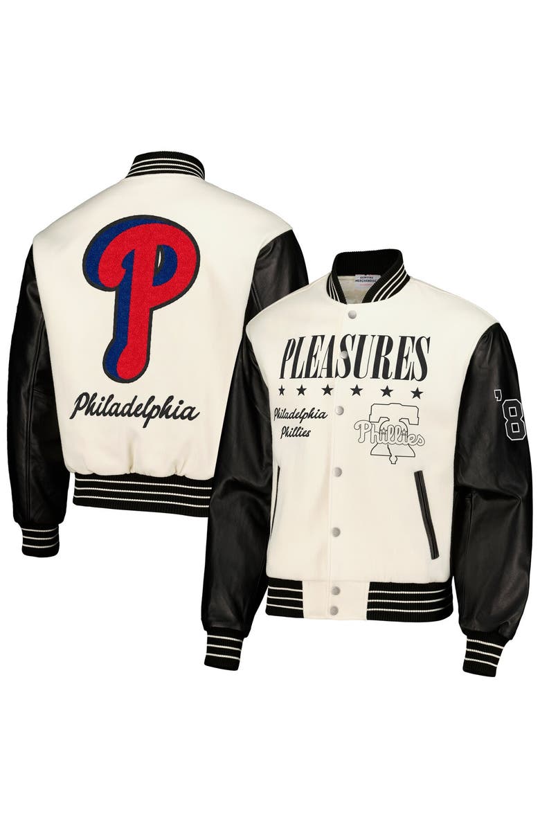 PLEASURES Men's PLEASURES White Philadelphia Phillies Full-Snap Varsity Jacket, Alternate, color, White