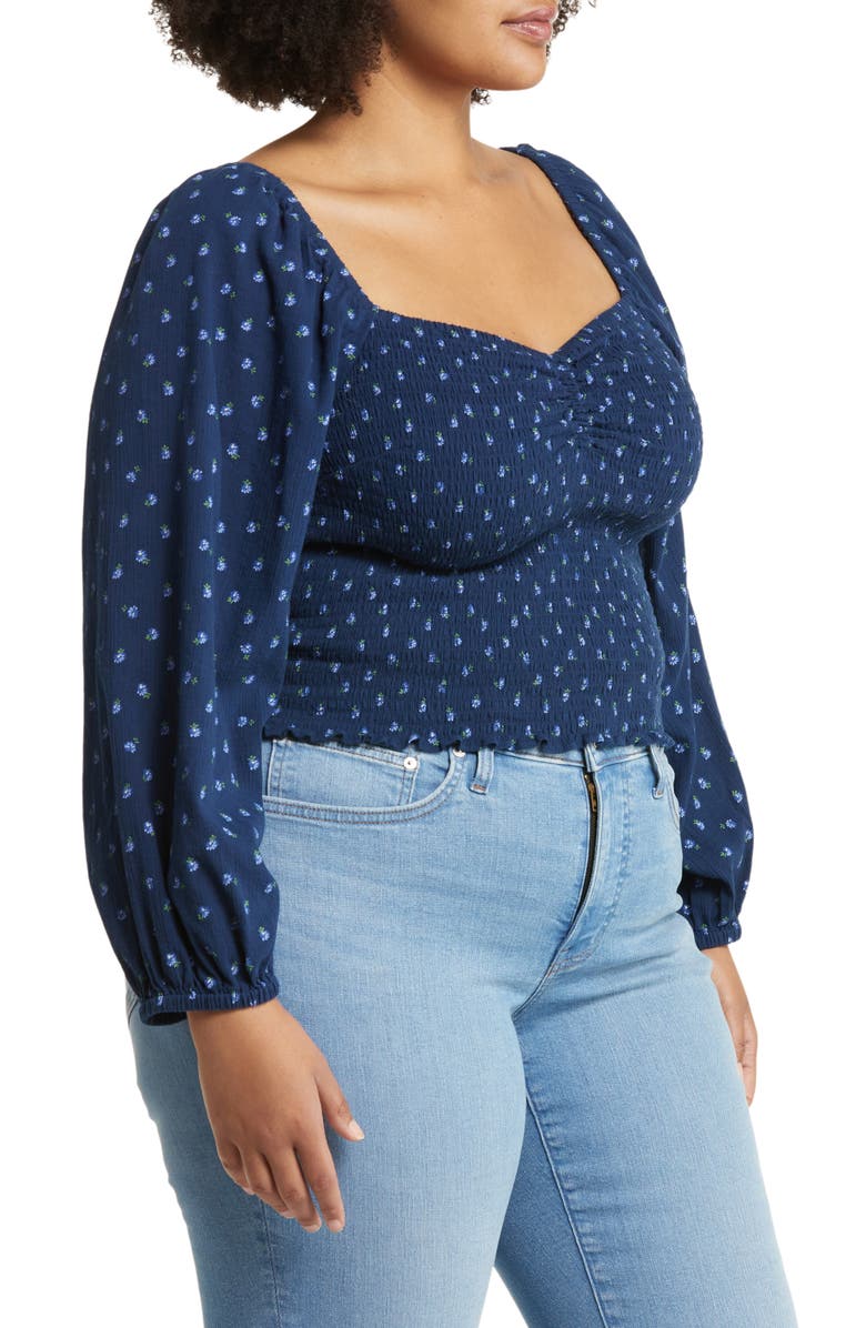 Madewell Lucie Floral Smocked Top, Alternate, color, Classic Indigo