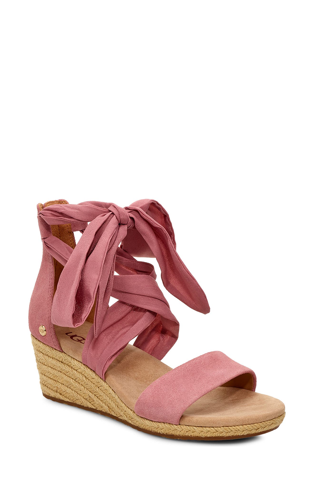 Trina Ribbon Tie Wedge Sandal, Main, color, PINK DAWN SUEDE