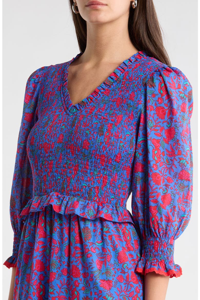 Tanya Floral Print Long Sleeve Smocked Dress, Alternate, color, BLUE-FUCHSIA